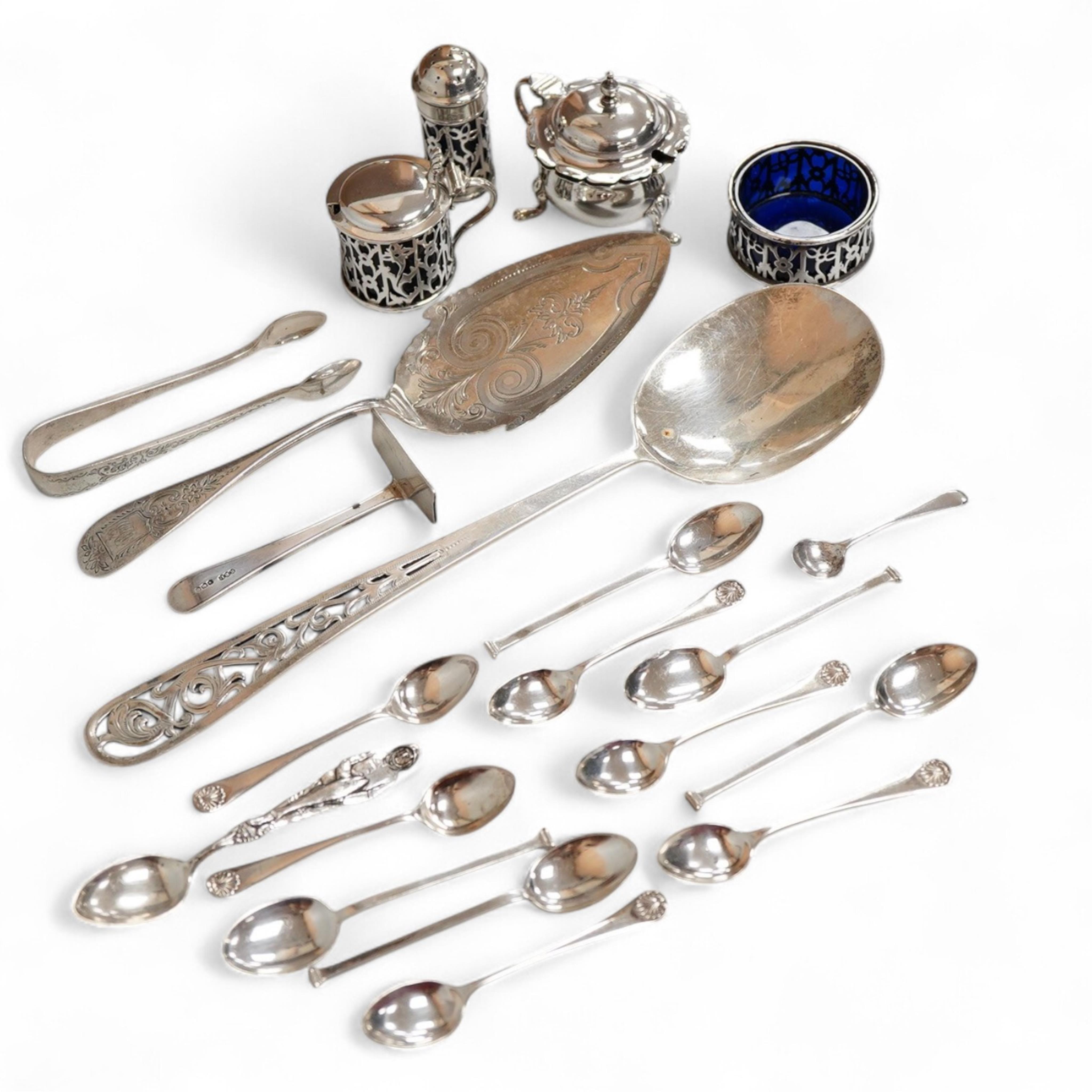 Two silver condiments and two sterling condiments, together with a set of six George V Old English and shell pattern coffee spoons by William Hutton & Sons Ltd, Sheffield, 1933, seven other items of assorted silver flatw